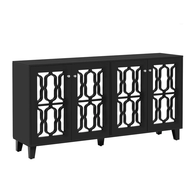 Buffet noir design 4 portes miroir motif géométrique et poignées en cristal froid 160*40*84cm VOVRATH BLACK
