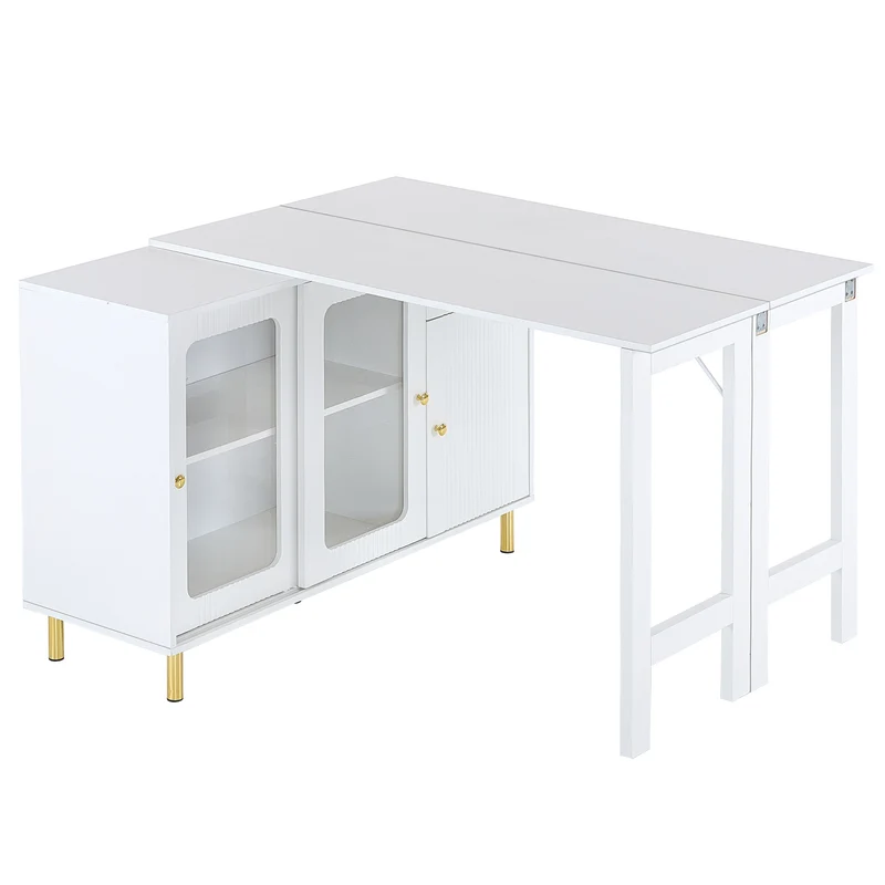 Table de salle à manger avec rangement, plateau rabattable/rotative, portes coulissantes en verre et motif vagues KHUKAET