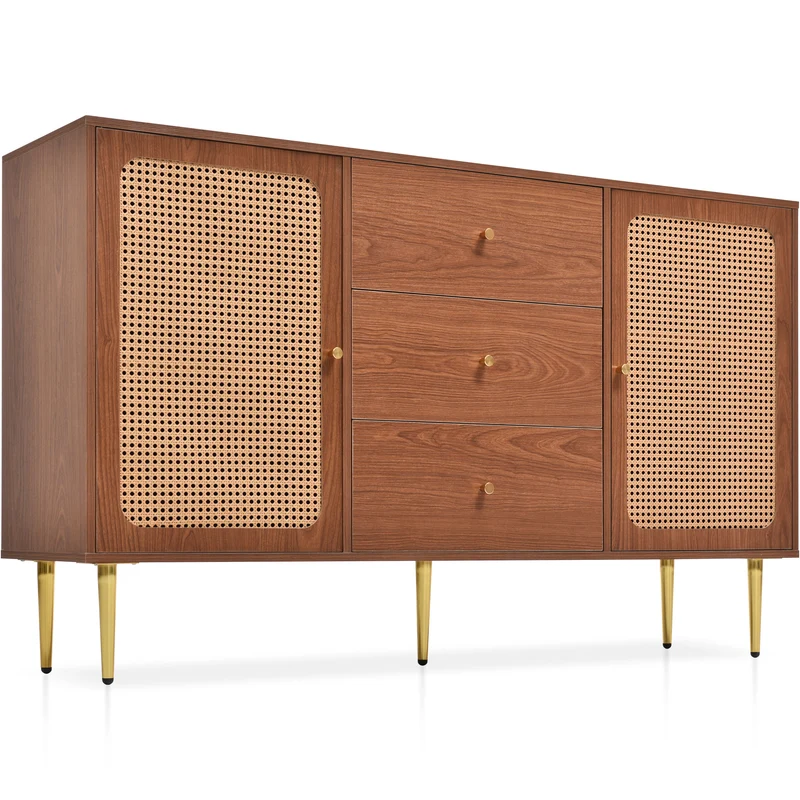 Buffet effet bois noyer avec 2 portes et 3 tiroirs en rotin pieds et poignées dorées 150*90*40cm URNO