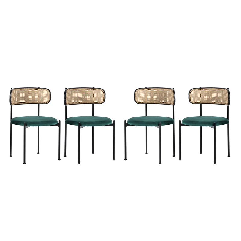 Lot de 4 chaises de salle à manger rétro vintage dossier en rotin assise velours sapin vert YUHRAR GREEN