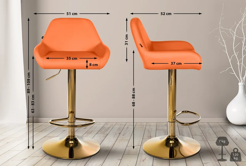 Tabouret de bar x1 en similicuir orange hauteur réglable 63-83 cm pivotant 360° piètement métal doré avec dossier et repose-pieds 10_0006477