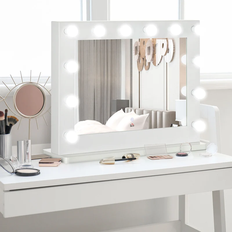 Miroir maquillage sur pied lumineux 80 x 60 x 20 cm tactile intensité réglable fonction mémoire moderne en MDF blanc 21_0001510