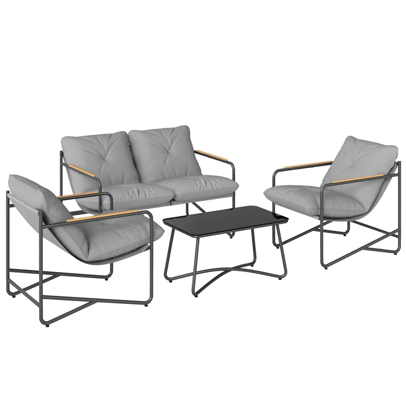 Lot de 4 salon de jardin canapé 2 places 114 x 74 x 67 cm coussins 13 cm assise respirante moderne en métal gris clair 21_0005384