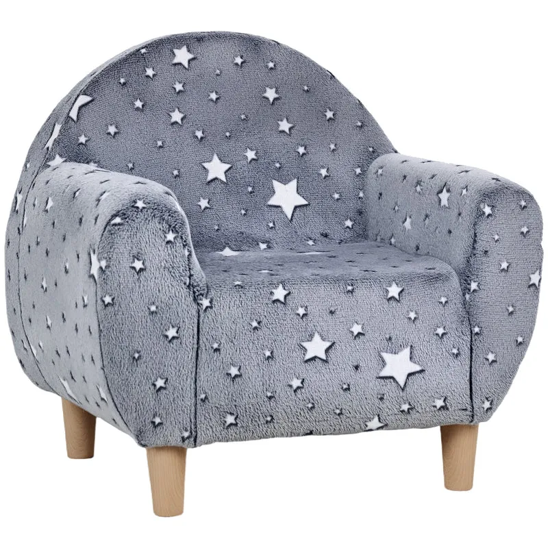 Fauteuil enfant 55 x 40 x 55 cm assise mousse dense dossier haut motif étoilé phosphorescent scandinave en velours gris 21_0000133