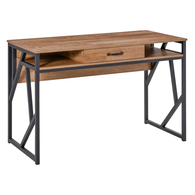 Bureau industriel pour étude 120 x 60 x 76 cm avec tiroir et 2 niches rangement pratique style scandinave en MDF marron 21_0002469