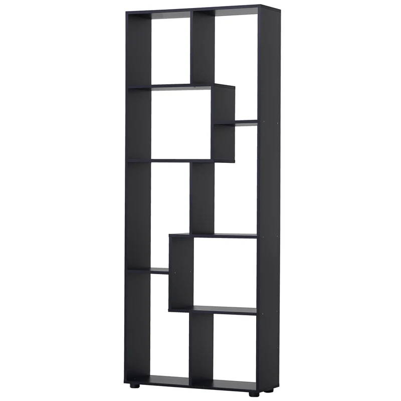 Bibliothèque zig zag salon séparateur 70 x 24 x 178 cm grand rangement contemporain élégant en panneau de particules noir 21_0002423