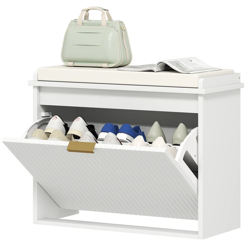 Banc de rangement pour entrée et couloir 62 x 26 x 47.5 cm assise rembourrée tiroir basculant moderne épuré en MDF blanc 21_0002738