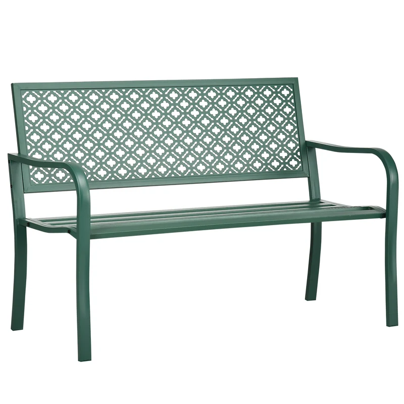 Banc de jardin extérieur 127 x 63 x 83 cm 2 places accoudoirs spacieux dossier fleuri style moderne en acier vert foncé 21_0005144