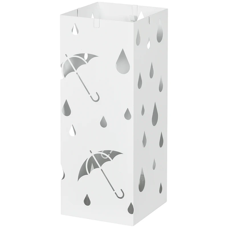 Porte-parapluie d'entrée carré 15.5 x 15.5 x 41 cm bac amovible 4 crochets décoratifs moderne en acier galvanisé blanc 21_0002700