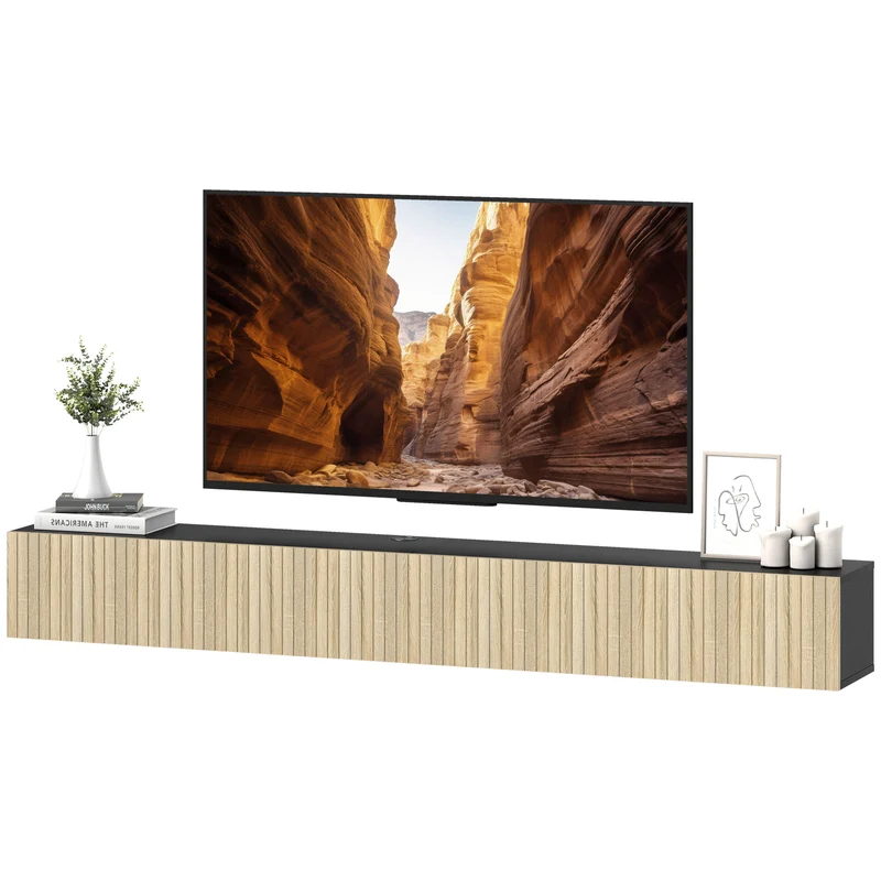 Meuble tv suspendu salon 140 x 25 x 22 cm rangement cache câbles intégré portes cannelées scandinave en MDF bois naturel 21_0003612