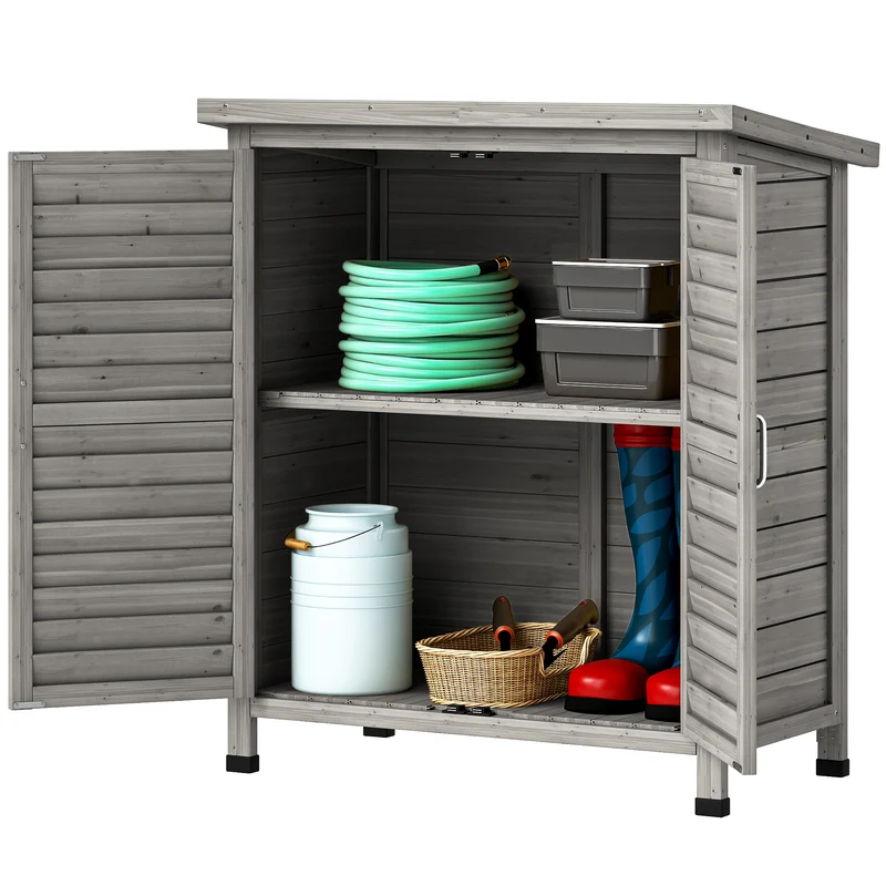 Armoire de jardin pour outils portes persiennes 87 x 46,5 x 96,5 cm étagère toit bitumé style rustique en bois gris 21_0004129