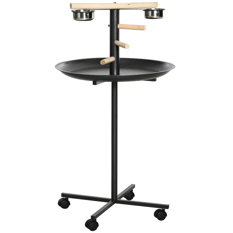 Perchoir perroquet sur pied salon 60 x 111 cm 2 bols amovibles 4 roulettes mobile contemporain minimaliste en métal gris 21_0007571