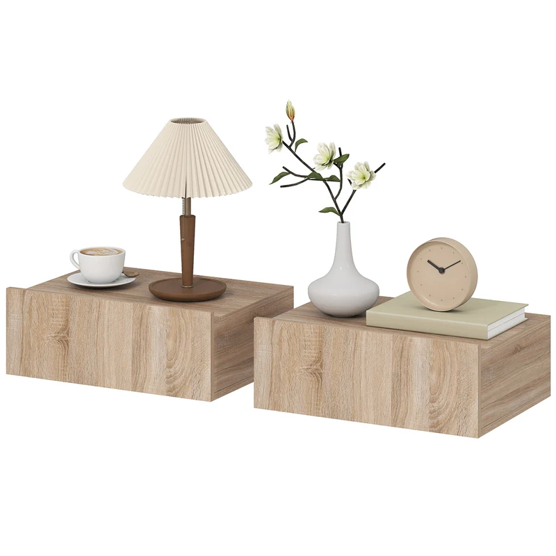 Lot de 2 tables de chevet murales 40 x 30 x 15 cm tiroir coulissant gain de place moderne en panneau de particules chêne 21_0001503