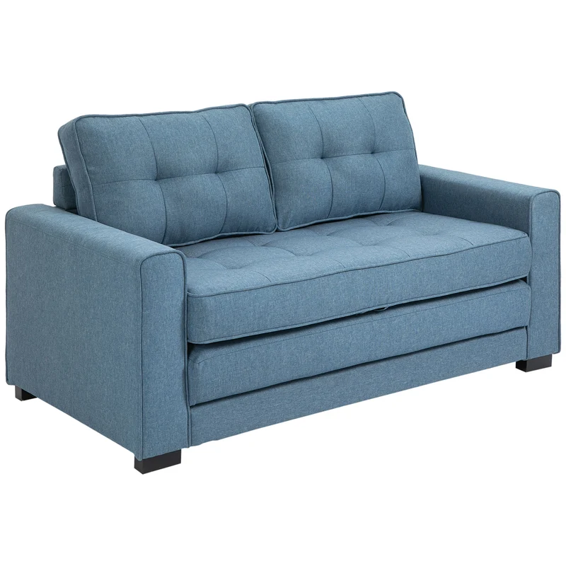 Canapé droit convertible 2 places 147 x 75 x 85 cm assise confortable dossier capitonné contemporain en polyester bleu 21_0003052
