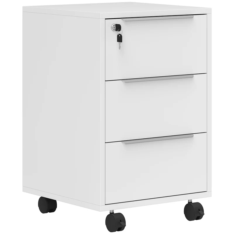 Caisson de bureau à roulettes 40 x 40 x 63,5 cm 3 tiroirs avec serrure plateau pratique mobile design épuré en MDF blanc 21_0002457