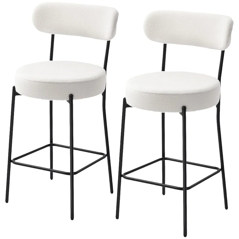 Lot de 2 tabourets de bar dossier courbé 49 x 52 x 95 cm assise rembourrée minimaliste cuisine en tissu bouclette crème 21_0003343
