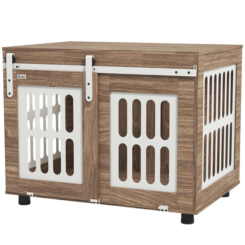 Caisse pour chien double fonction table d'appoint 80 x 59 x 63 cm porte coulissante ventilée scandinave en bois noyer 21_0007311