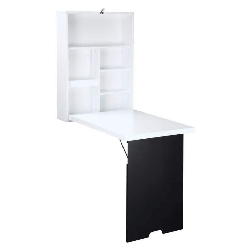 Bureau mural pliable pour petits espaces 60 x 94,5 x 147 cm étagère intégrée tableau à craie moderne épuré en MDF blanc 21_0002421