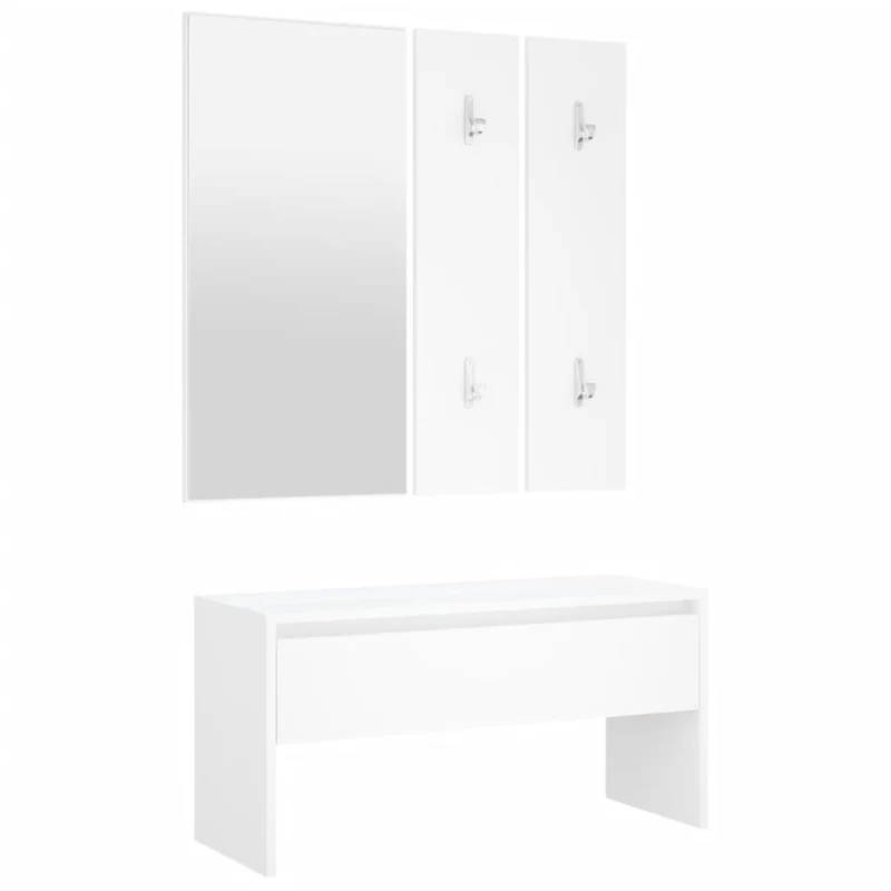 Ensemble de meubles de couloir entrée avec banc miroirs et porte-manteaux en bois d'ingénierie blanc DEC024971