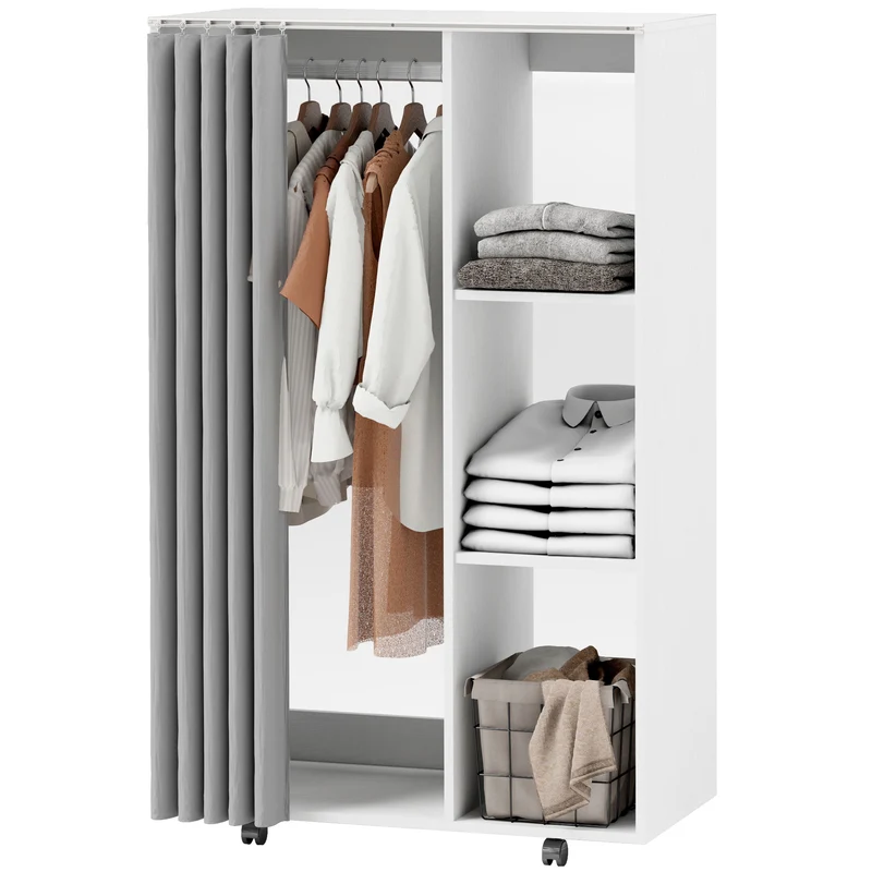 Armoire penderie 80 x 40 x 128 cm rideau protecteur roulettes pratiques moderne salon en panneau de particules blanc 21_0001652