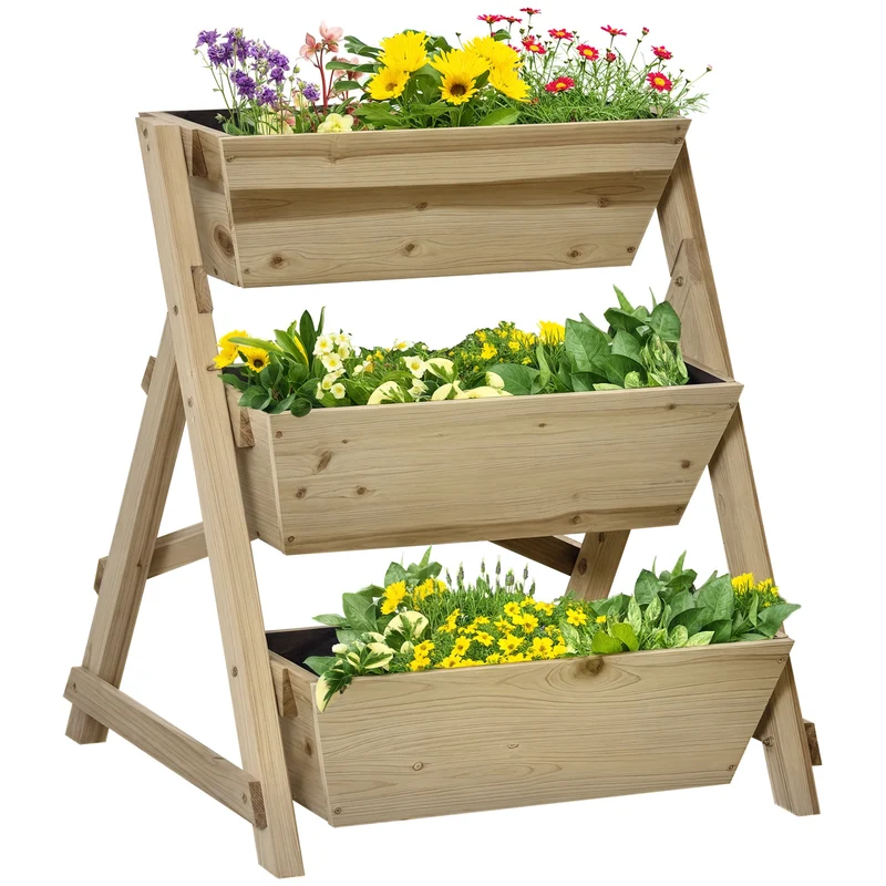 Jardinière sur pieds triple potager 71 x 61 x 77 cm jardinage sans se baisser gain de place scandinave en bois marron 21_0004261