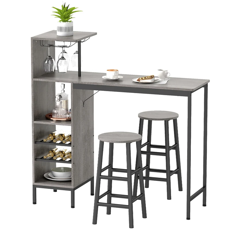 Ensemble table de bar avec 2 tabourets 120 x 40 x 122 cm rangement intégré gain d'espace style industriel en MDF marron 21_0003332