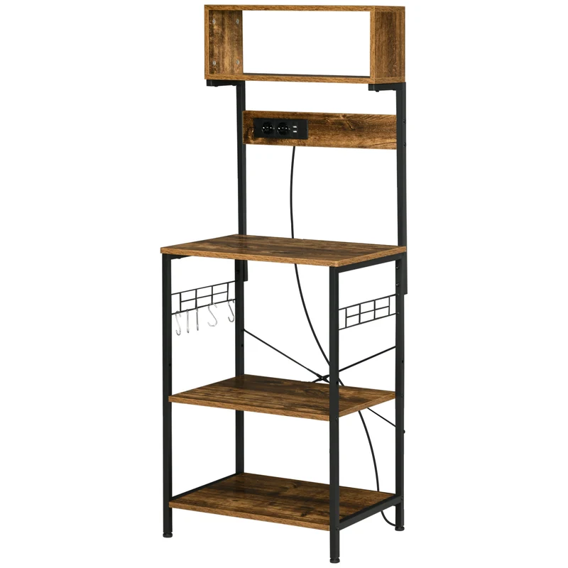 Étagère micro-ondes cuisine 60 x 42 x 153 cm prises usb intégrés étagère réglable industriel contemporain en bois marron 21_0001036