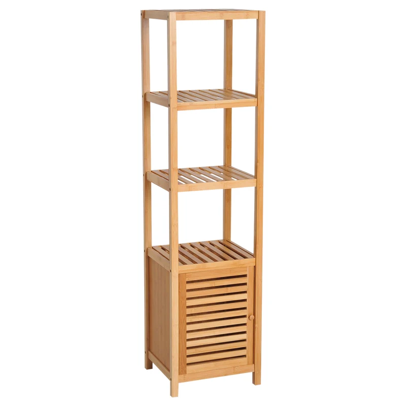Meuble colonne salle de bain 36 x 33 x 140 cm sur pieds rangement gain de place design scandinave en bambou naturel 21_0001851