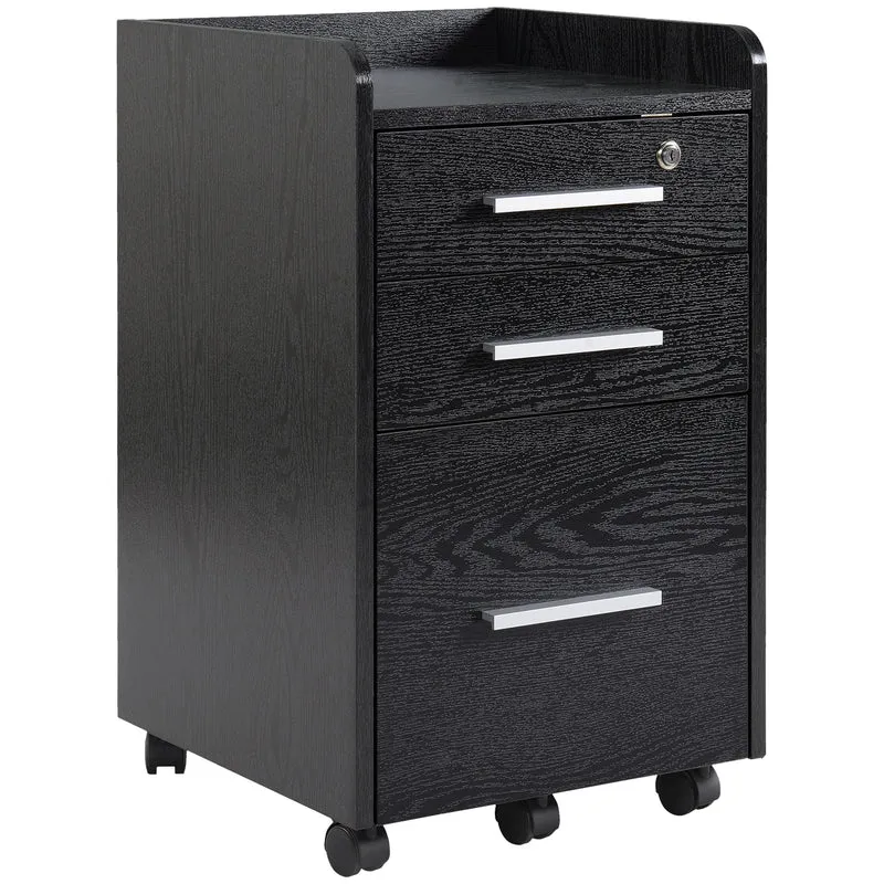 Caisson de bureau 39,2 x 40 x 65,4 cm 3 tiroirs dont 1 verrouillable 5 roulettes pivotantes design épuré en MDF noir 21_0002436