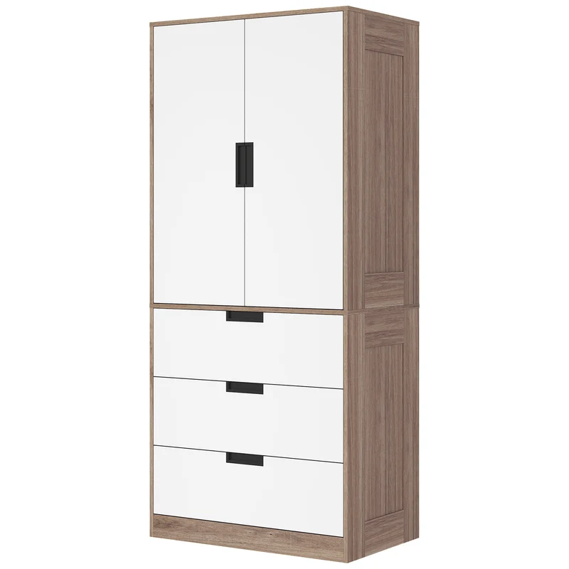 Armoire 2 portes penderie 80 x 50 x 180 cm 3 tiroirs et tringle intégrée moderne épuré en panneau de particules marron 21_0001541
