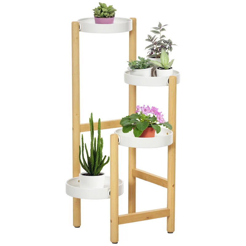 Support pour plantes 4 niveaux intérieur extérieur 28 x 28 x 80 cm gain de place solide scandinave épuré en bambou blanc 21_0004302
