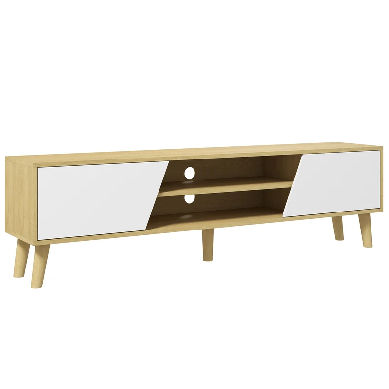 Meuble télévision scandinave 150 x 30 x 42 cm 2 portes 2 niches passe-fils moderne en panneau de particules naturel 21_0003109