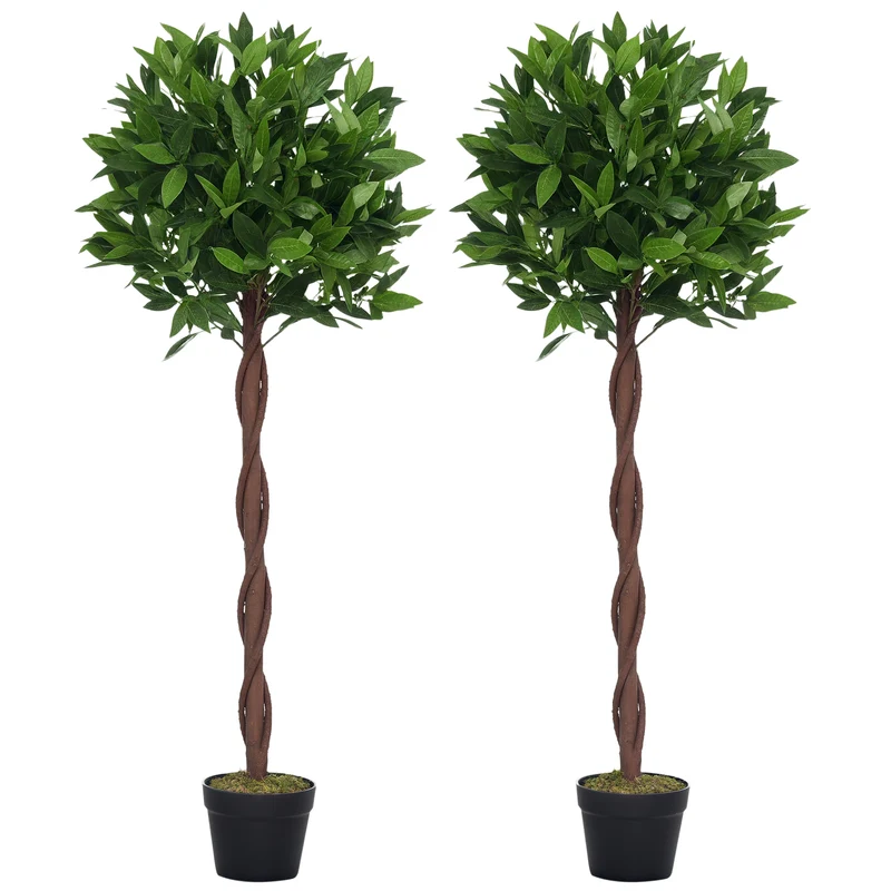Lot de 2 lauriers topiaires artificiels salon 70 x 120 x 13 cm sans entretien feuillage réaliste moderne en plastique vert 21_0003957