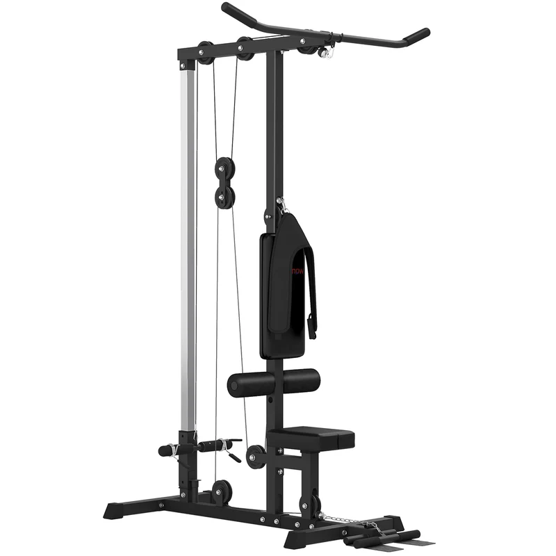 Station de musculation tirage poitrine poulie haute 140 x 108 x 197 cm siège réglable antidérapant moderne en acier noir 21_0006821