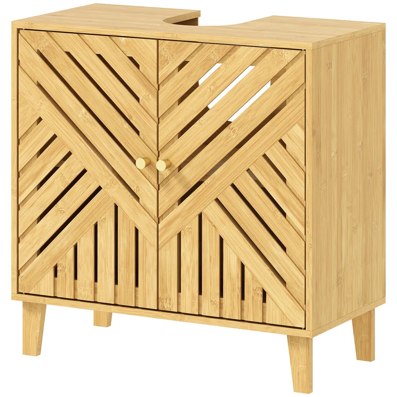 Meuble sous lavabo évier mural 60 x 30 x 60 cm étagère réglable pieds surélevés scandinave moderne en bambou naturel 21_0002108