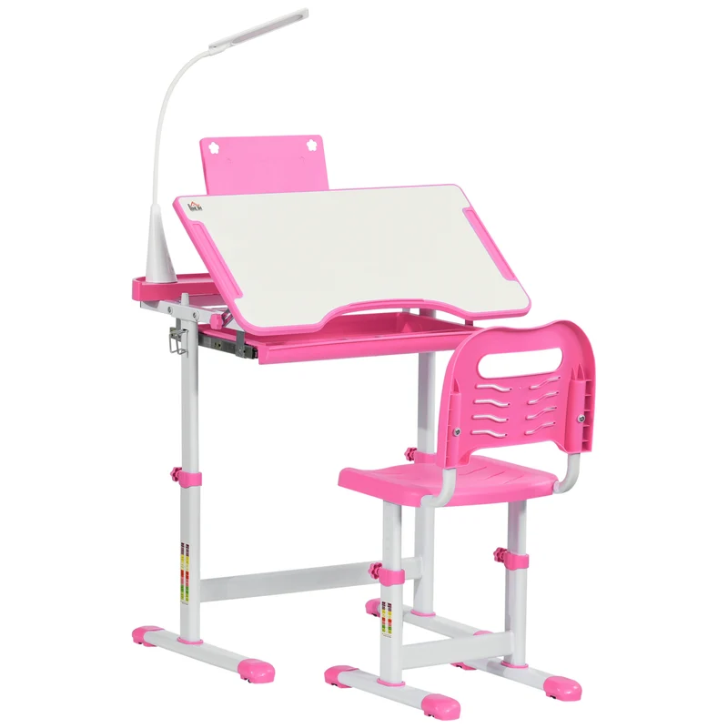 Ensemble bureau et chaise pour enfant 70 x 50 x 80-105 cm hauteur réglable plateau inclinable moderne épuré en MDF rose 21_0000195