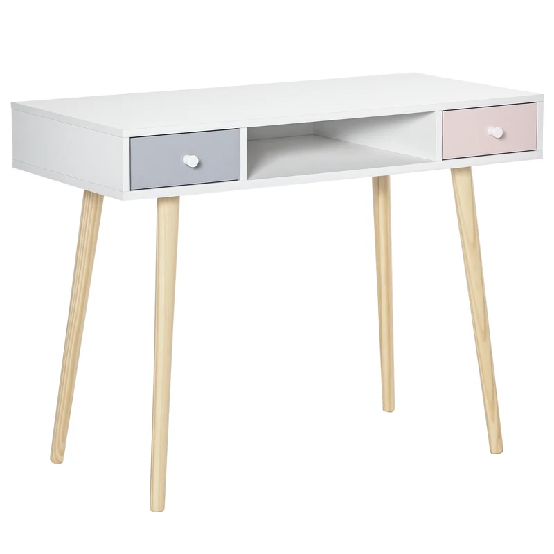 Bureau enfant scandinave chambre 100 x 48 x 76.5 cm 2 tiroirs rangement pieds effilés épuré contemporain en MDF blanc 21_0000188