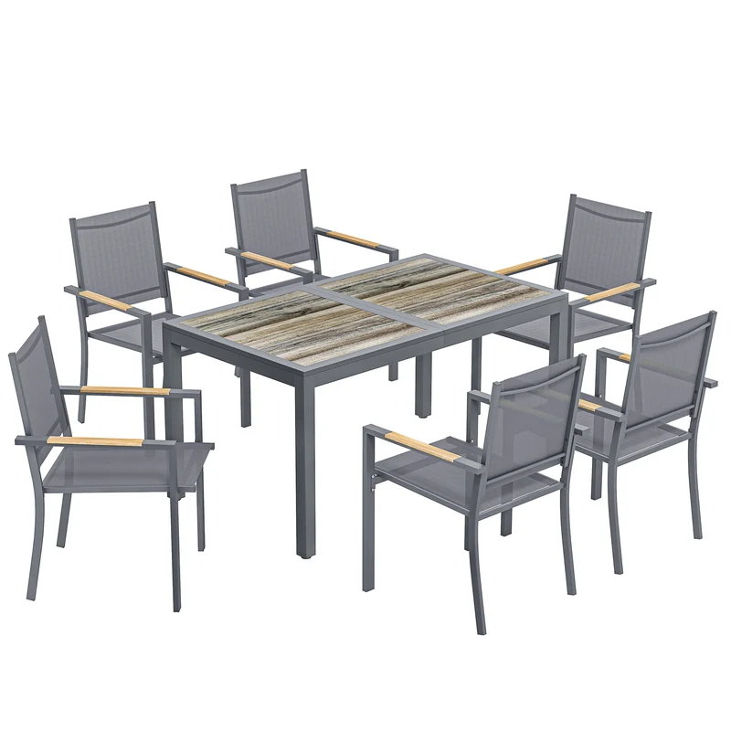 Salon de jardin ensemble repas 140 x 80 x 72 cm chaises empilables assise aérée style contemporain en acier gris foncé 21_0005744