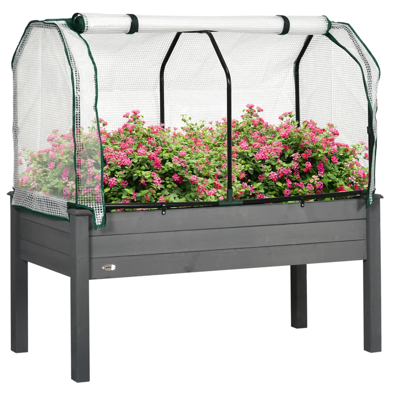 Potager surélevé 121 x 55 x 117 cm barrière anti nuisibles drainage efficace rustique contemporain en bois gris foncé 21_0004151