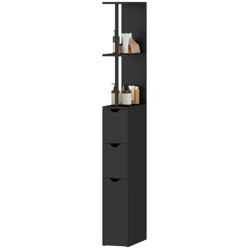 Meuble colonne salle de bain 15 x 33 x 136,8 cm élancé tiroirs étagères anti-basculement contemporain épuré en MDF noir 21_0001847