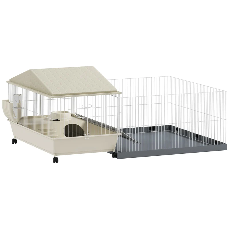 Cage pour petits animaux enclos amovible 108 x 71 x 57 cm tapis imperméable râtelier moderne à roulettes en acier beige 21_0008004