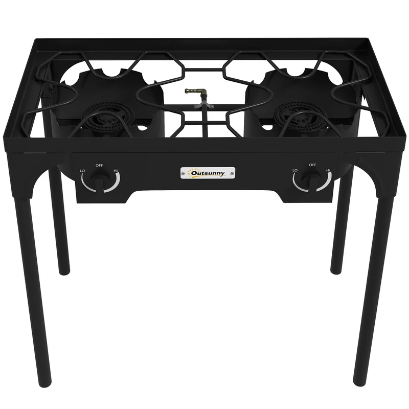 Réchaud 2 brûleurs portable camping extérieur 79 x 40 x 76 cm haute puissance cuisson rapide contemporain en métal noir 21_0006483