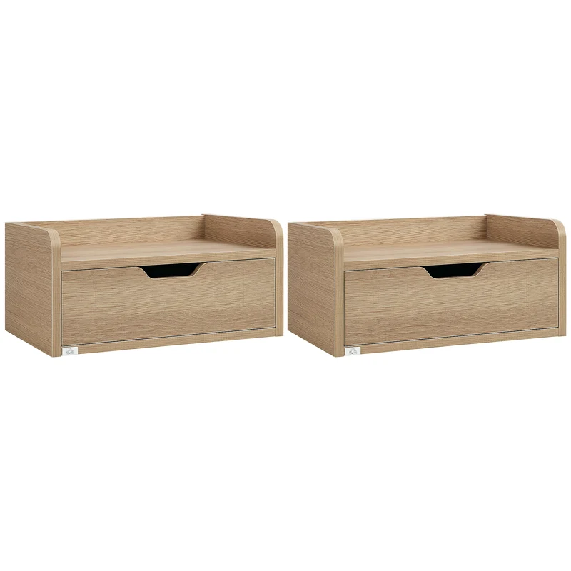 Lot de 2 tables de chevet murales suspendues 40 x 30 x 19,5 cm tiroir scandinave en panneaux de particules bois naturel 21_0001544