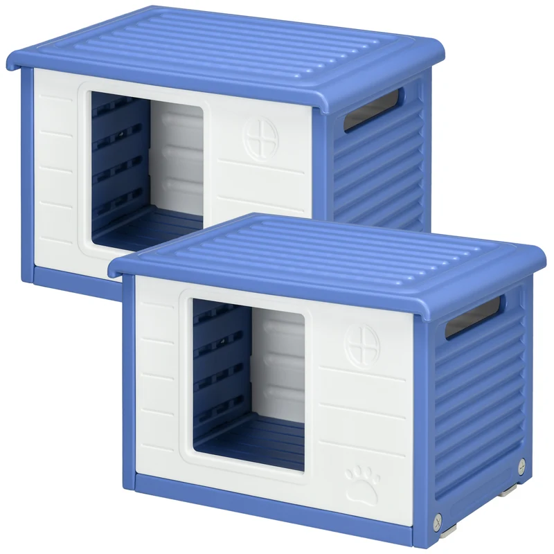 Lot de 2 niches pour chien extérieures 60 x 42 x 40 cm montage facile aération scandinave jardin en polyéthylène bleu 21_0007321