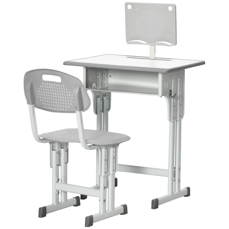 Lot de 2 ensemble bureau et chaise enfant réglable 60 x 45 x 90-102 cm casier support lecture moderne épuré en PP gris 21_0000242