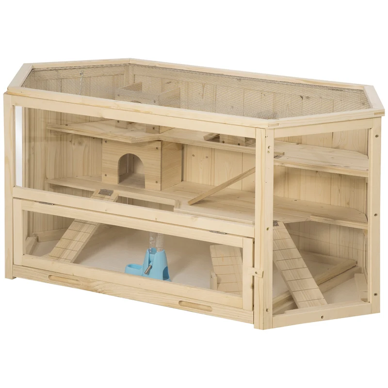 Cage à hamster 3 niveaux 115 x 60 x 55 cm plateau coulissant et cabanes facile à nettoyer scandinave en bois naturel 21_0007868