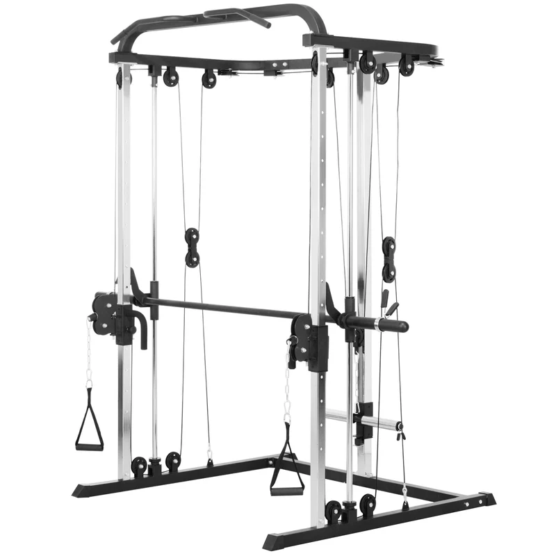 Station de musculation multifonction squat poulies et barre 210 x 132 x 225 cm réglable 120 kg moderne en acier noir 21_0006839