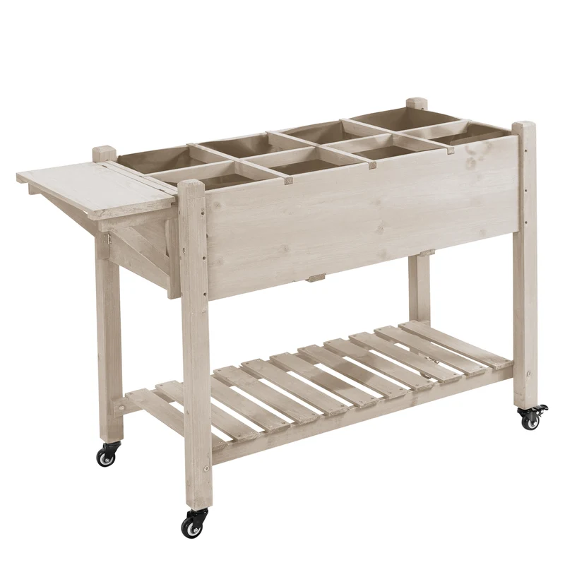 Jardinière sur pied potager 123 x 54 x 87 cm avec roulettes et tablette rabattable ambiance rustique en bois naturel 21_0004176