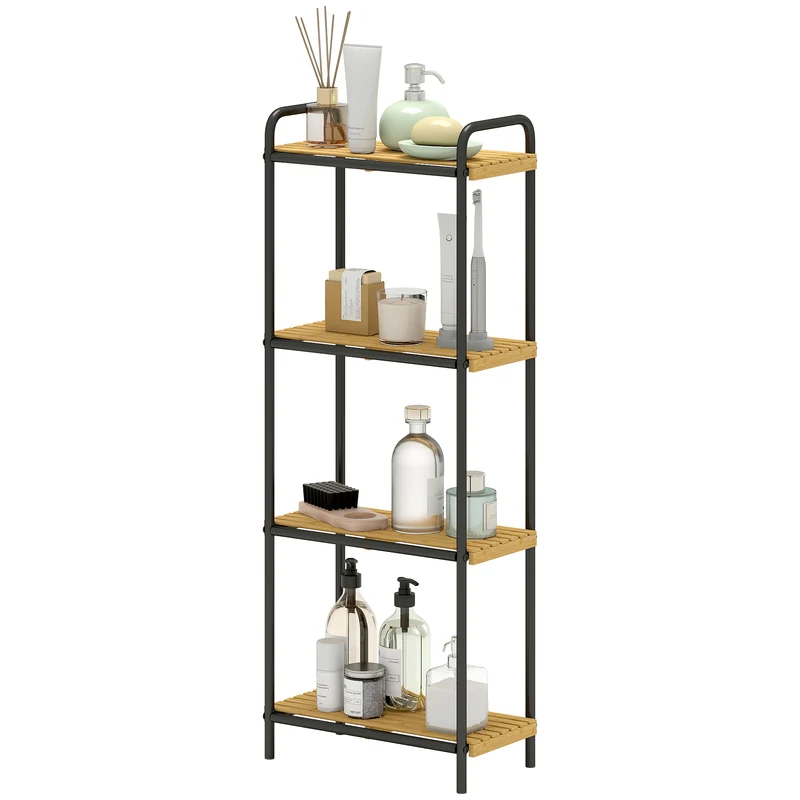 Étagère de salle de bain étroite 41.5 x 21.5 x 106 cm gain de place antitache à lattes scandinave en bambou bois naturel 21_0002113