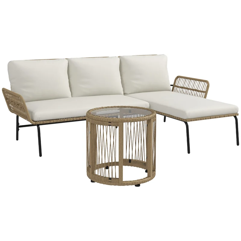 Salon de jardin d'angle 3 places 122 x 79 x 75 cm coussins amovibles confortable moderne épuré en résine tressée crème 21_0005973